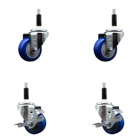 Service Caster 3'' SS Blue Poly Wheel Swivel 7/8'' Expanding Stem Caster Set 2 Brakes, 4PK SCC-SSEX20S314-PPUB-BLUE-2-TLB-2-78